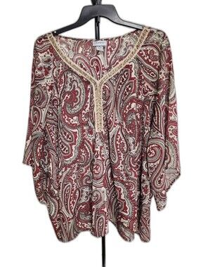 Catherines Plus Size 4X Red Paisley Beaded V Neck Tunic Top 349